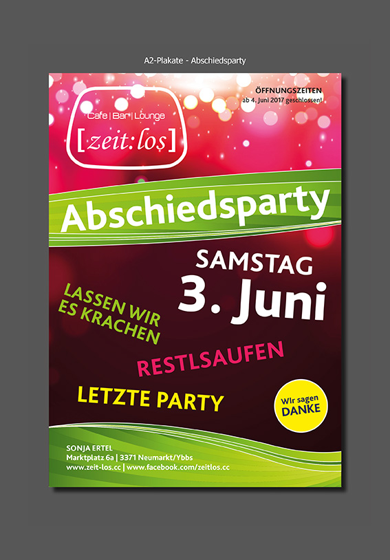 A2-Plakate für Café zeit:los - Abschiedsparty